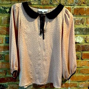 LOFT Tan Blouse with Black Polka Dots and Ribbon—Small